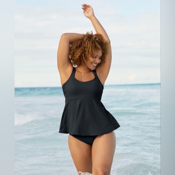 Lands end Adjustable Scoop Neck Flutter Tankini Top black - Picture 4 of 7
